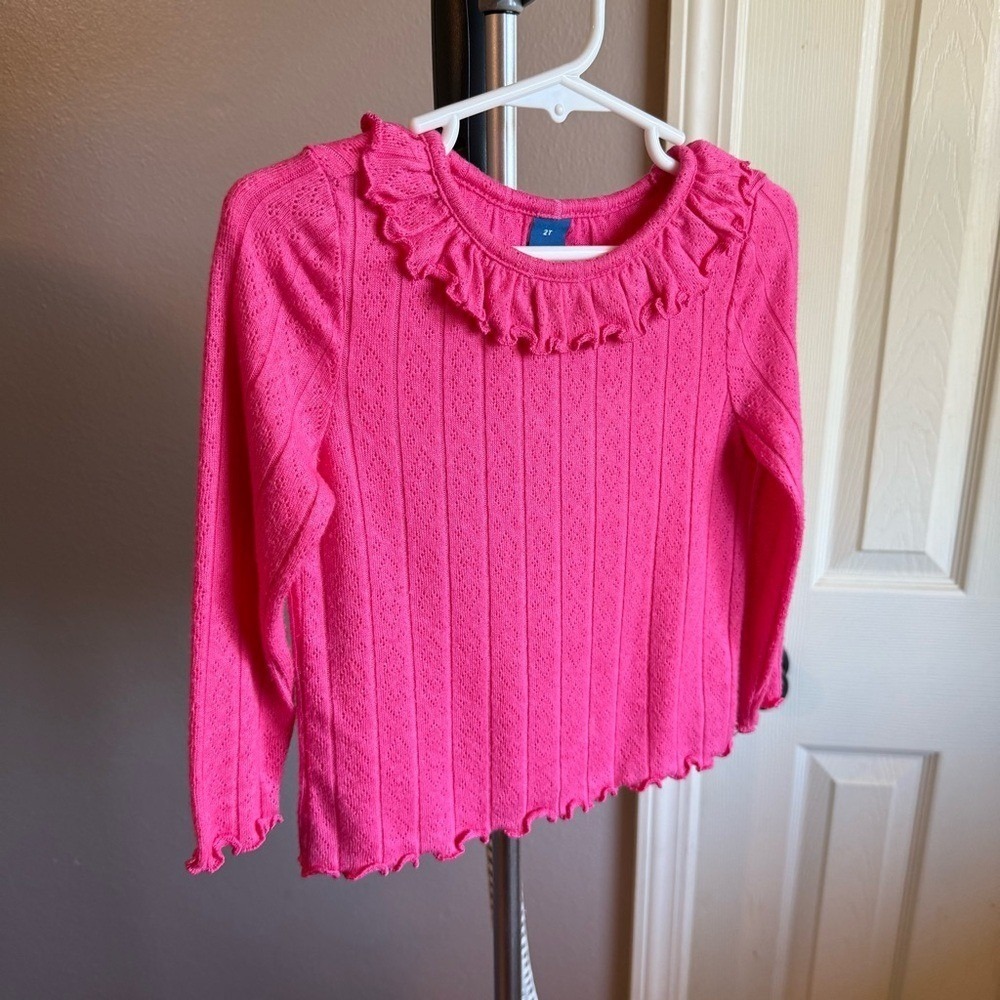 Old Navy Toddler Girls 2T Pink Ruffle Neck Long Sleeve Knit Sweater Shirt‎ NWOT